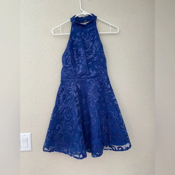 blue sparkly skater dress Glitter Peek-A -Boo Skater Dress junior / 12 / royal-blue